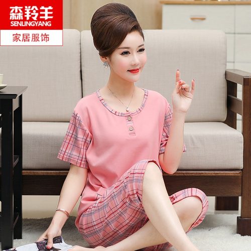 夏季妈妈短袖纯棉睡衣胖MM圆领