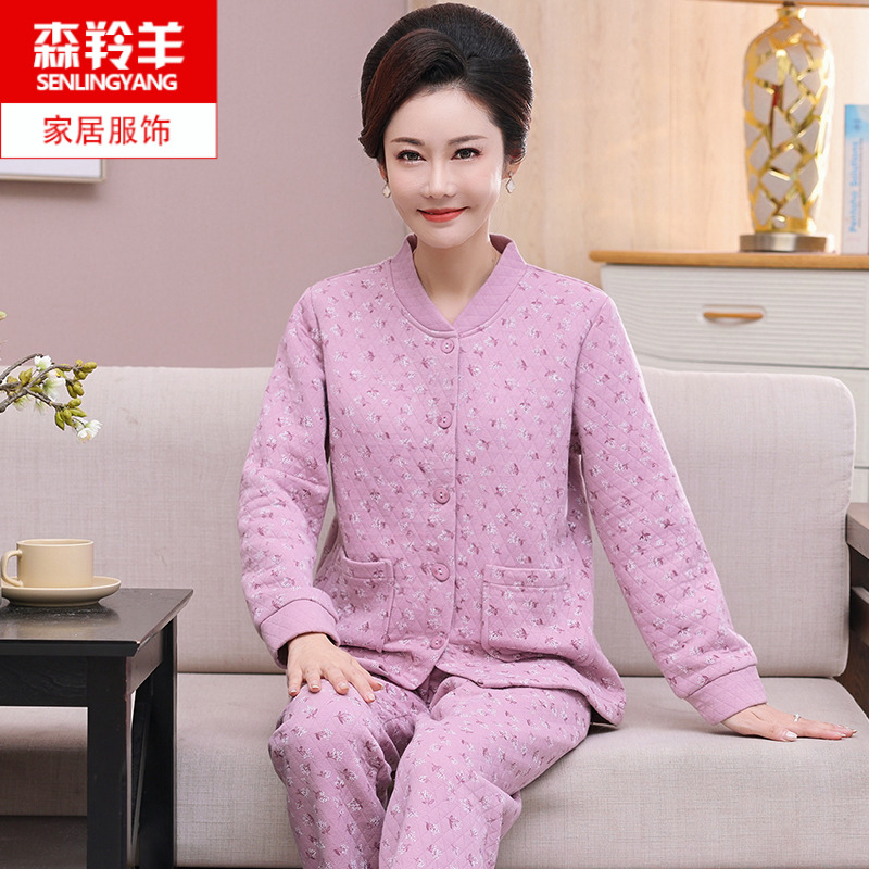 中年妈妈纯棉加厚夹层睡衣秋冬季