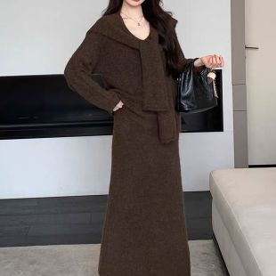 韩系气质针织三件套女秋冬新款 厚 宽松V领毛衣配披肩半身长裙套装