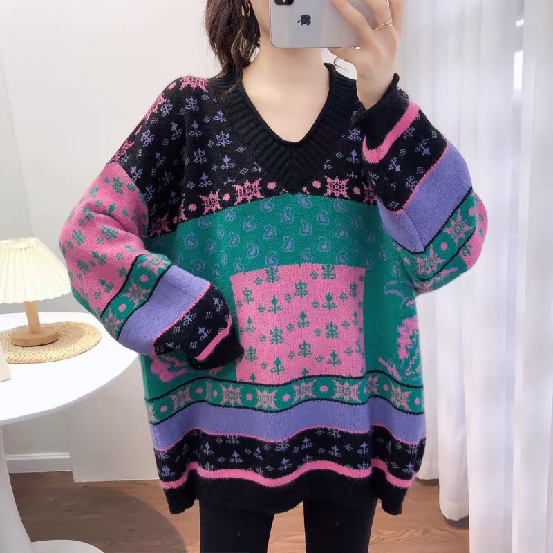 民族风民族风提花大码V领毛衣女