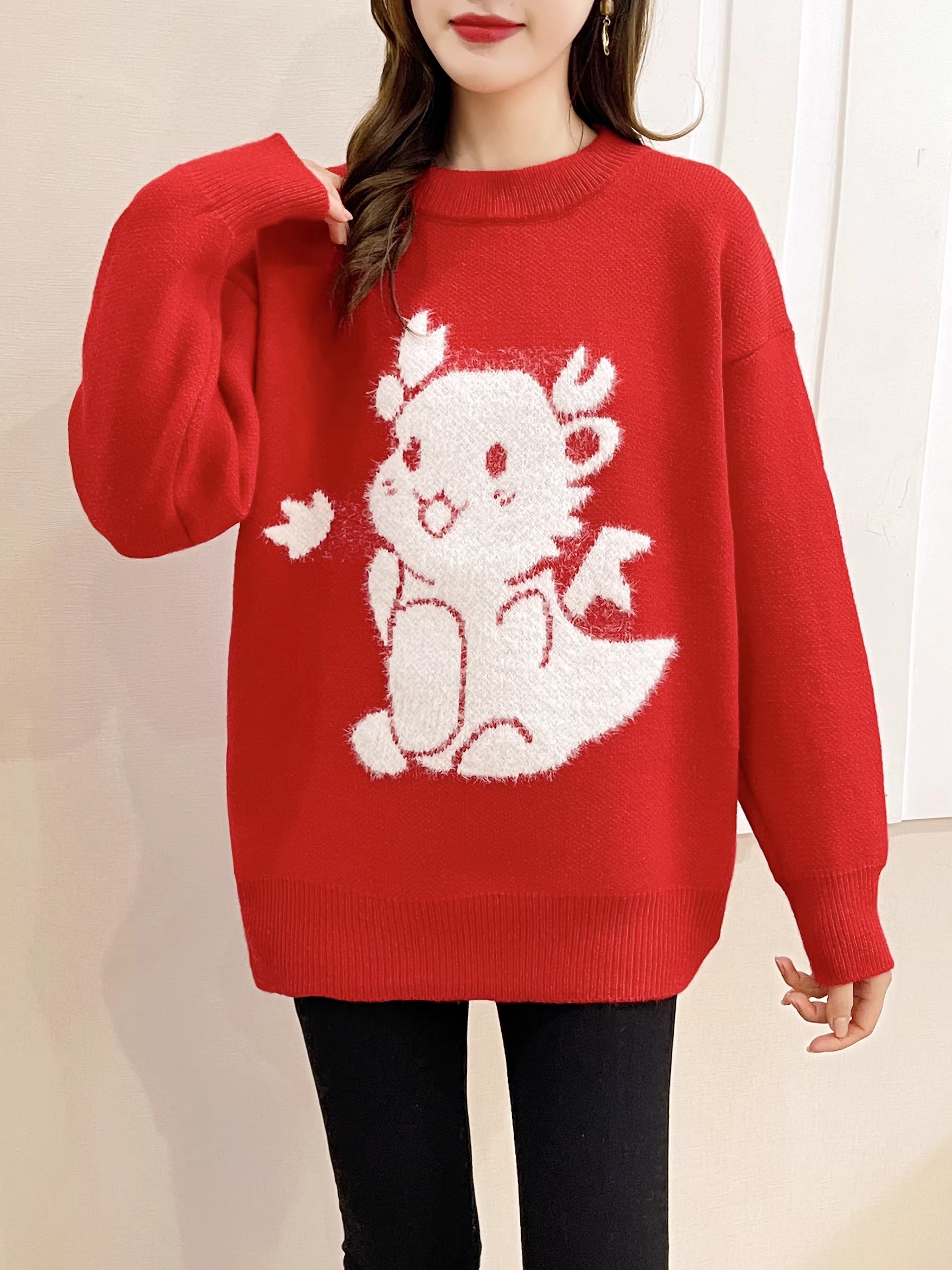 龙年本命年红色情侣卡通毛衣女2023秋冬新款宽松慵懒风针织衫上衣