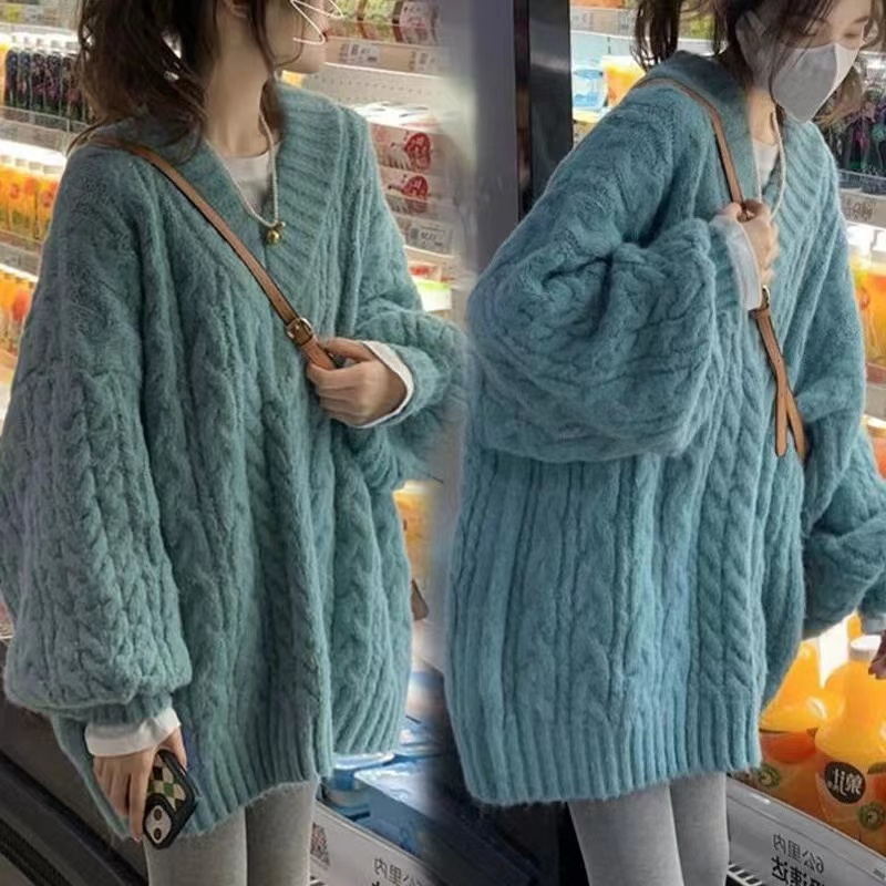 大板加厚慵懒风毛衣外套女冬季新款宽松V领中长款麻花针织衫上衣