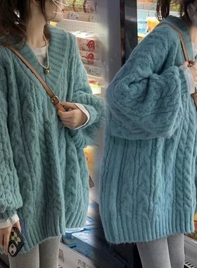 大板加厚慵懒风毛衣外套女冬季新款宽松V领中长款麻花针织衫上衣