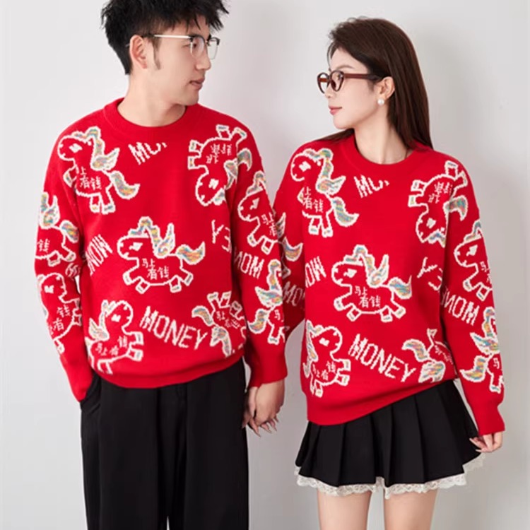 大红色新年情侣装毛衣女