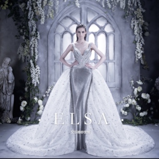 欧美女王范宫廷蓬蓬鱼尾晚礼服 性感吊带深V大拖尾婚纱礼服