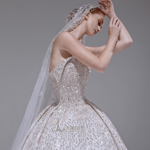 法式重工满钻婚纱抹胸 新娘甜美公主风水钻蓬蓬大拖尾婚纱主纱