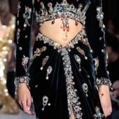 性感优雅黑丝绒手工彩钻晚礼服 新娘鱼尾婚纱敬酒服生日演出服