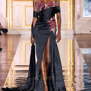 女公爵夫人黑红缎面婚纱礼服 新娘性感妩媚鱼尾敬酒服主持人演出