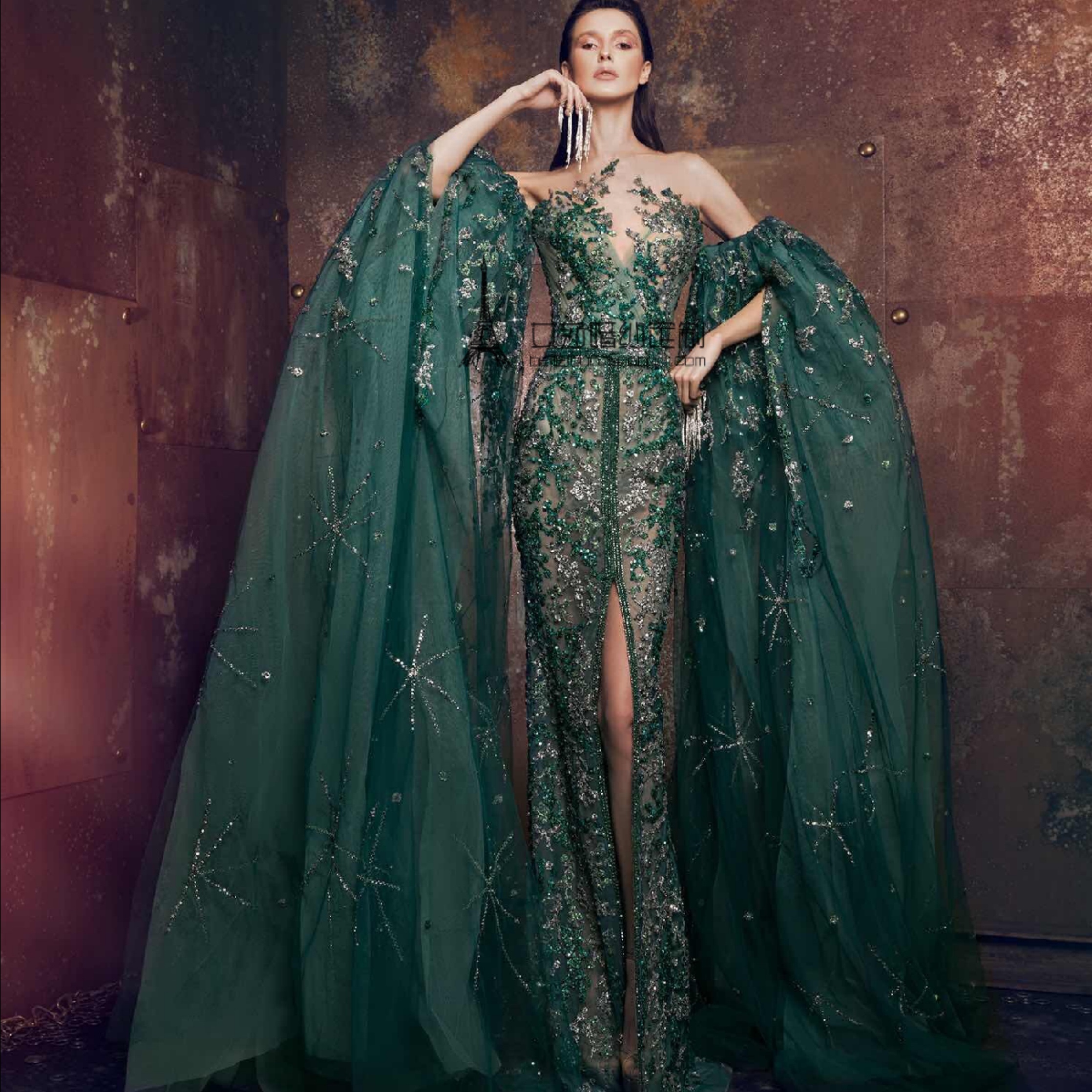 奢华水钻手工珠绣礼服长裙 个性帅气女王绿色烟花星空婚纱敬酒服