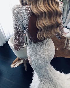 华丽重工精致珍珠羽毛鱼尾婚纱 婚纱 性感新娘深V露背长拖尾个性