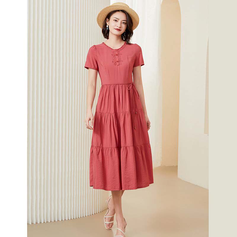 夏季新款苹果红了连衣裙纯棉碎花短袖高腰雪纺显瘦中长款通勤裙女