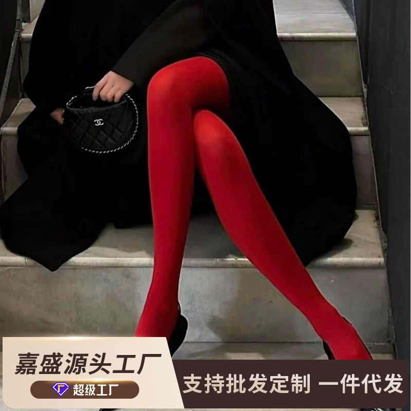 红色连裤袜女天鹅绒秋冬打底袜内穿外搭显瘦博主红裤袜紧身塑