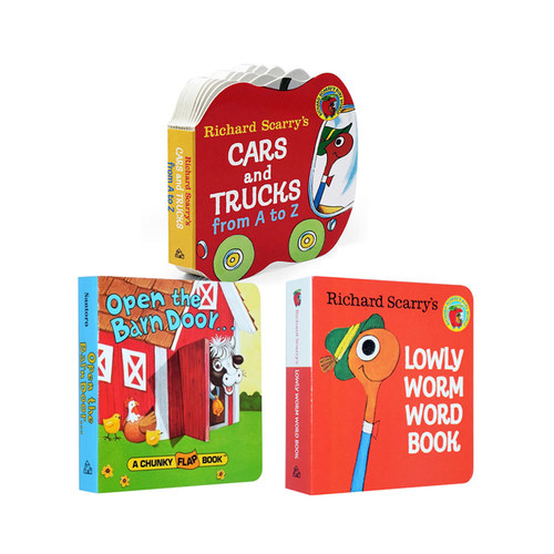 英文原版 启蒙认知纸板书3册 Richard Scarry Cars and Trucks from A to Z/Lowly Worm Word Book纸板书小卡车字母纸板书 斯凯瑞