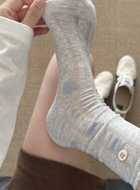 日系波点袜子女夏季纯棉薄款透气堆堆袜中筒配黑色小皮鞋穿miu系