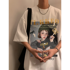 夏季新款潮港风个性大印花圆领短袖T恤半袖上衣男女W1273-P25图片