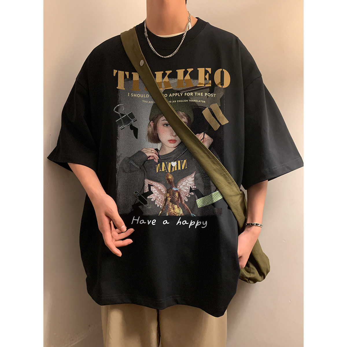 夏季新款潮港风个性大印花圆领短袖T恤半袖上衣男女W1273-P25,男装T恤,电商C310