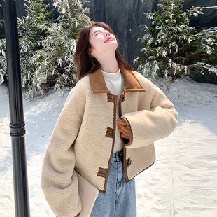 双面穿皮毛一体羊羔毛外套女秋冬新款复古加厚宽松短款麂皮绒上衣