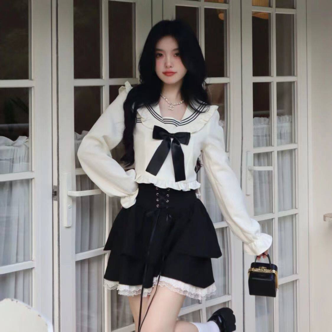 海军领蝴蝶结木耳花边短款上衣绑带蕾丝黑色甜美蛋糕半身裙套装女