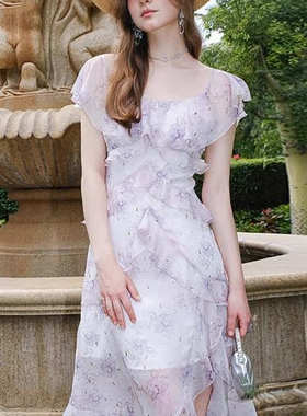 2025紫色波浪荷叶边短袖连衣裙女夏季新款法式小飞袖长款碎花裙子