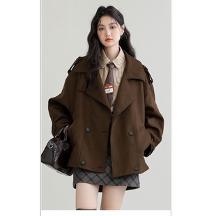 秋冬新款时髦咖色麂皮绒开衫外套女设计感小众立领短款工装风衣潮