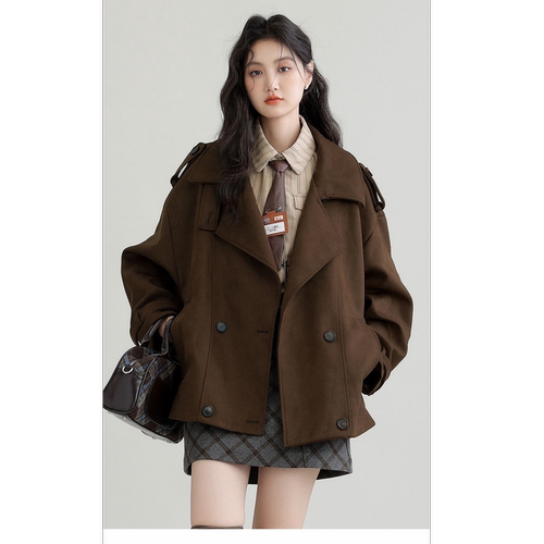 秋冬咖色开衫外套设计感工装风衣