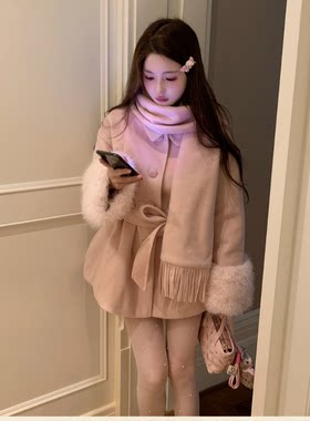 法式甜美粉色毛呢外套短裤套装女