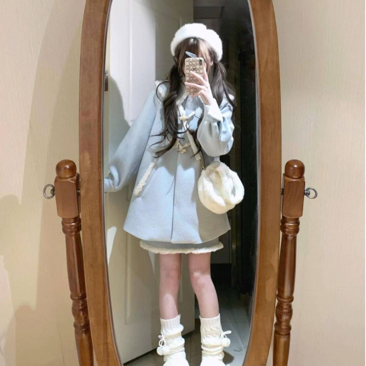 学院风娃娃领斗篷毛呢加厚套装女