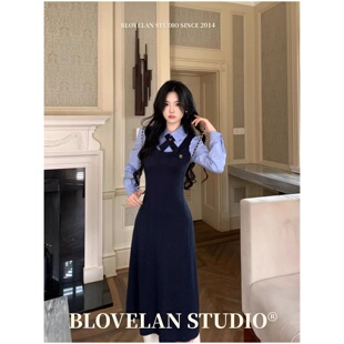 收腰长袖 连衣裙子女 学院风盐系氛围感假两件条纹衬衫 2026春秋新款