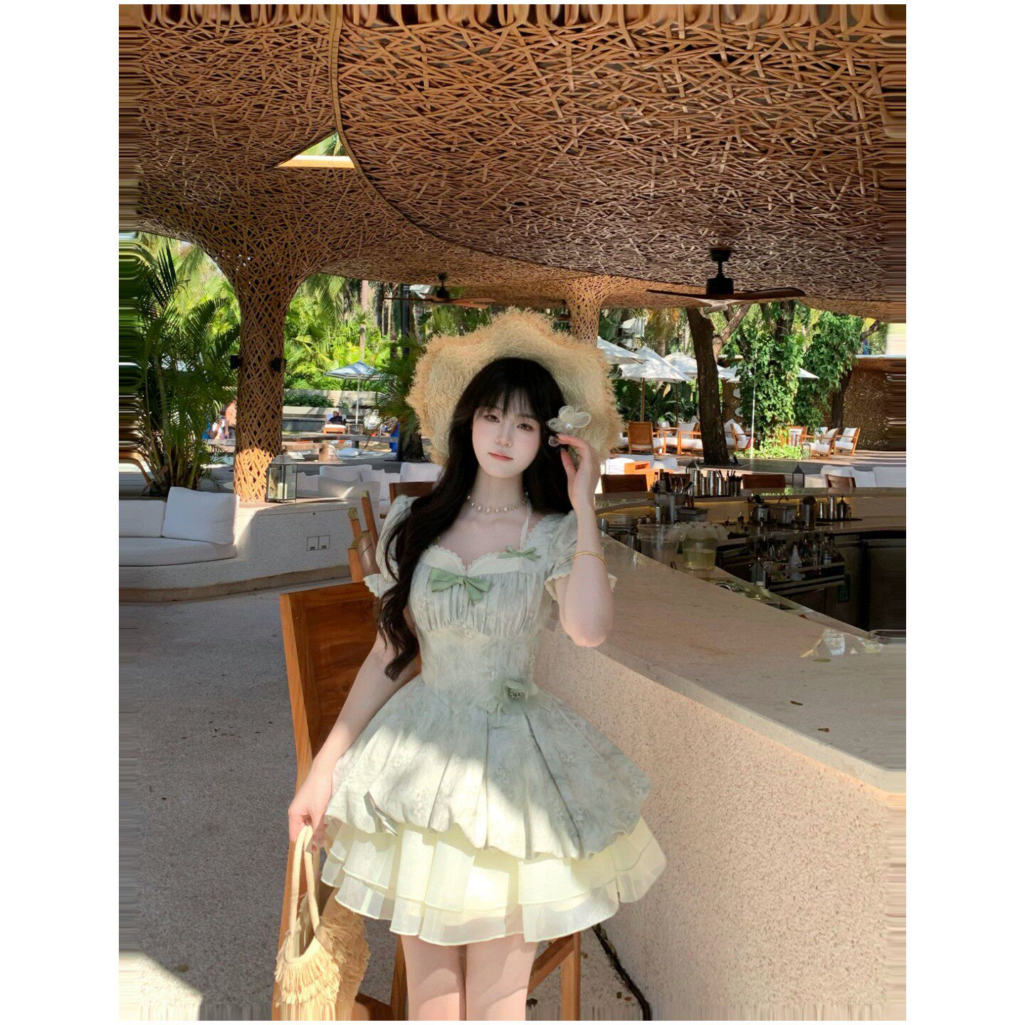 法式甜美小清新蕾丝泡泡袖提花收腰公主蓬蓬连衣裙小个子绝美短裙