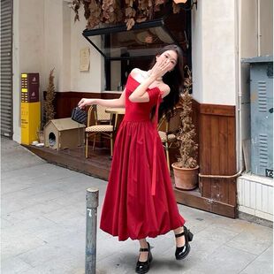 法式红色一字肩连衣裙子女夏季2025新款独特漂亮绝美蓬蓬花苞长裙