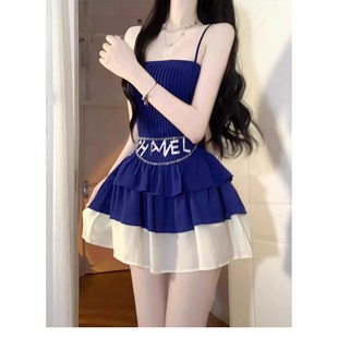 法式拼接吊带连衣裙收腰新款修身气质显瘦辣妹蛋糕蓬蓬短裙夏季女