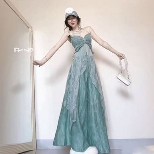 海边度假风夏日穿搭女不规则蕾丝拼接吊带长款上衣高腰阔腿裤套装