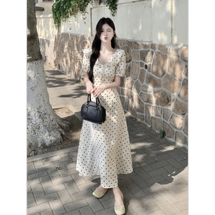 温柔初恋裙复古波点连衣裙女夏天收腰显瘦甜美气质荷叶边长裙 法式