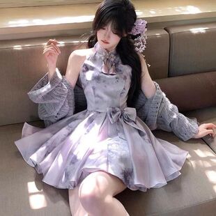 春秋新中式 国风改良旗袍晕染蓬蓬连衣裙巨好看披肩外套两件套 新款