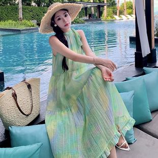 法式 中长裙子 绿色晕染绑带挂脖连衣裙女夏季 设计感海边度假风无袖