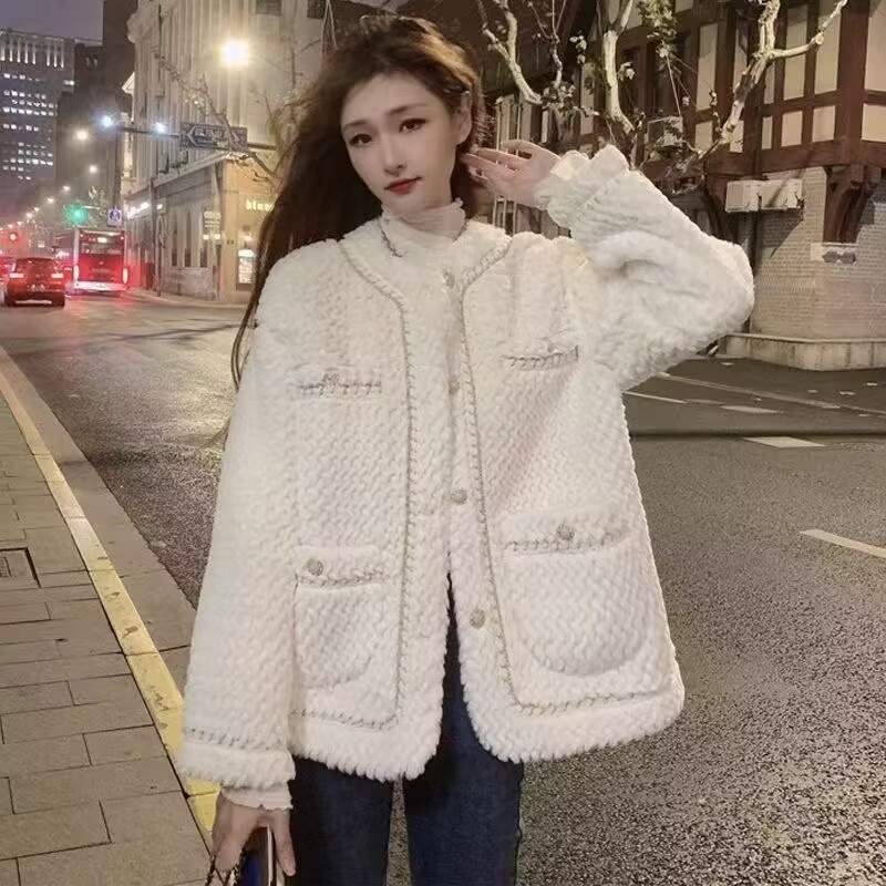 秋冬小香风羊羔毛加厚夹棉外套女