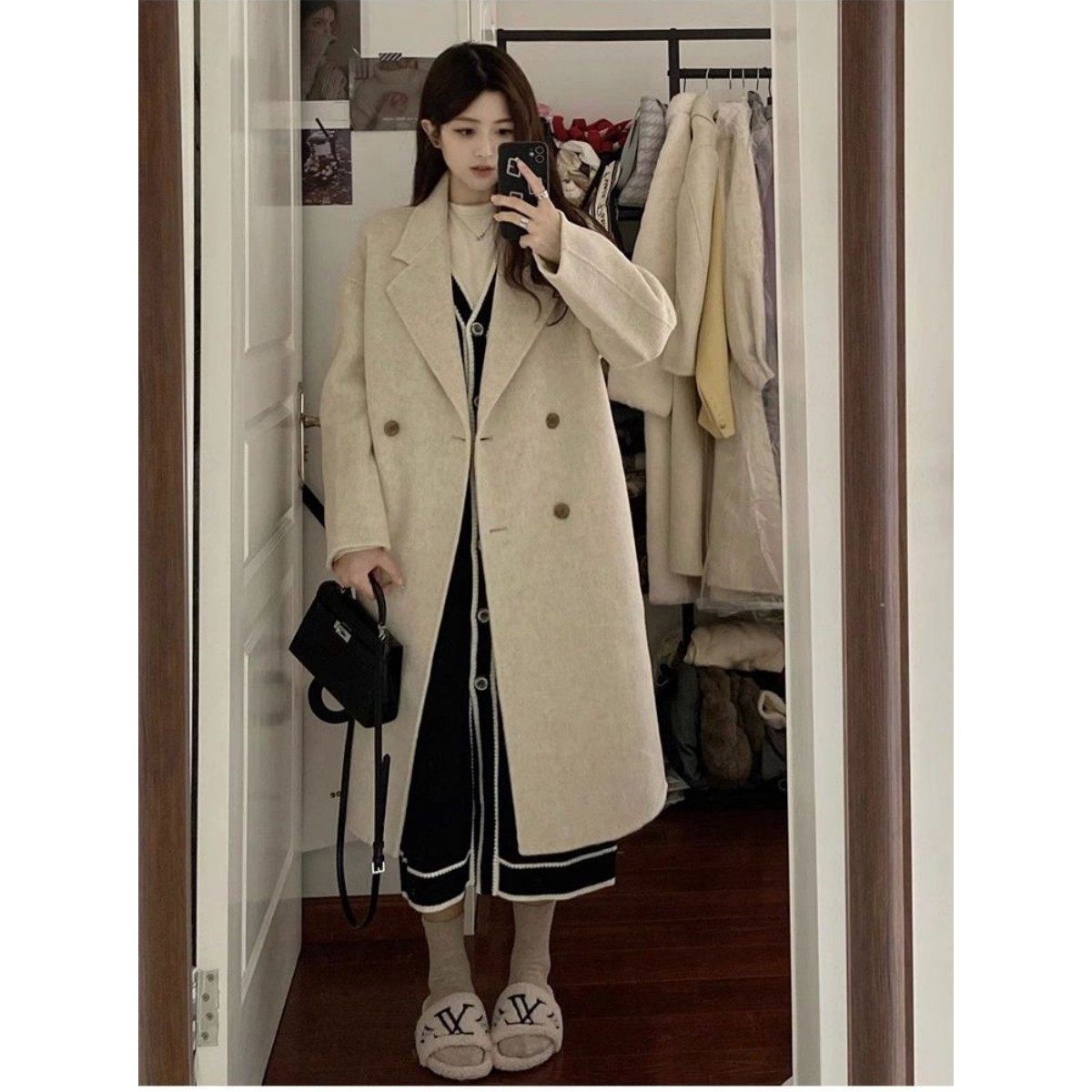 杏色韩系呢子大衣女秋冬季加厚赫本风高级感中长款巨好看毛呢外套