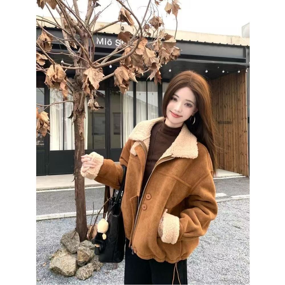 冬季加厚麂皮绒立领夹克外套上衣