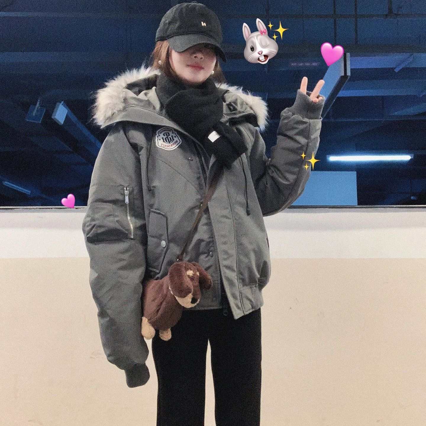 冬季美式复古大毛领派克羽绒棉服