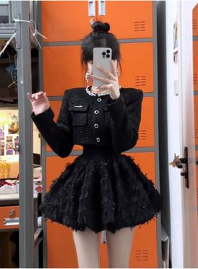 小香风名媛短外套蓬蓬连衣裙套装