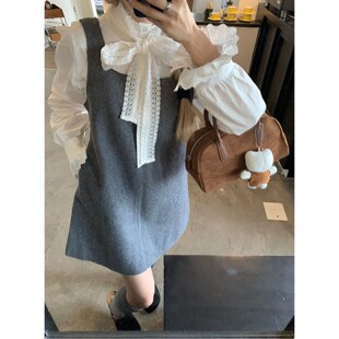 法式蝴蝶结系带长袖衬衫毛呢背心连衣裙女春秋季新款时尚两件套装
