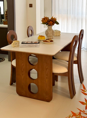 法式中古风实木纯白岩板餐桌家用小户型长方形全承托客厅吃饭桌子