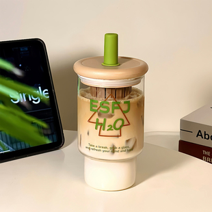 高硼硅玻璃杯女高颜值早餐专用牛奶杯茶水分离杯大容量吸管水杯子