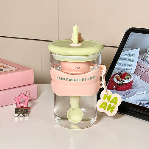 吸管玻璃杯带杯套透明水杯