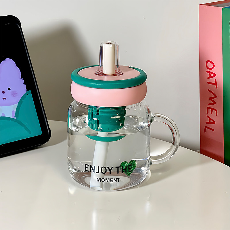 吸管带盖玻璃杯带把手透明水杯图片