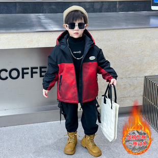 男童外套秋冬款加棉二棉衣服2025新款儿童帅气冬季加厚连帽冲锋衣
