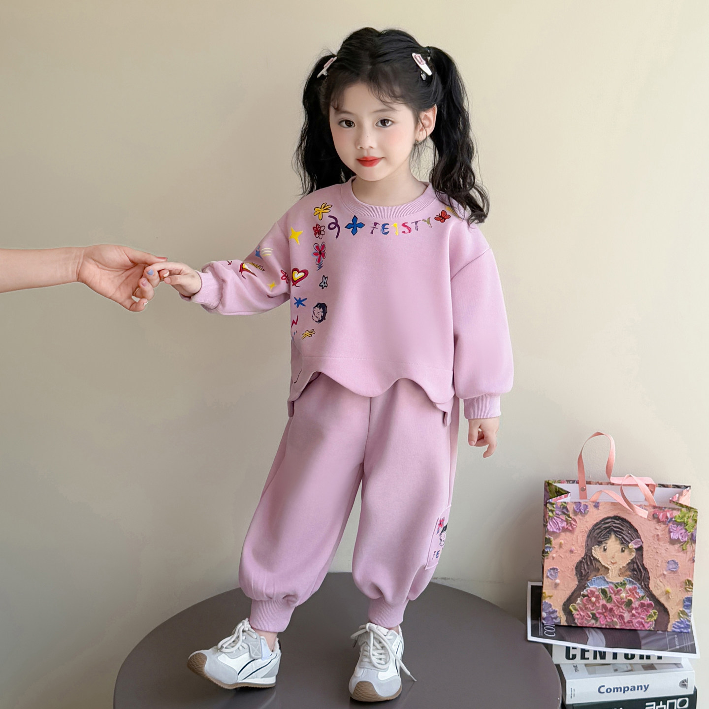女童春秋季花边卫衣套装2025新款甜美女孩洋气时尚卫衣秋季两件套