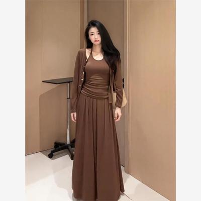 大码胖mm韩系慵懒早秋穿搭一整套女长袖开衫背心吊带半身裙套装潮