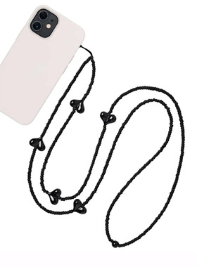 女团爱豆Lisa同款黑色爱心穿珠斜挂手机链ins网红背带挂脖防丢绳