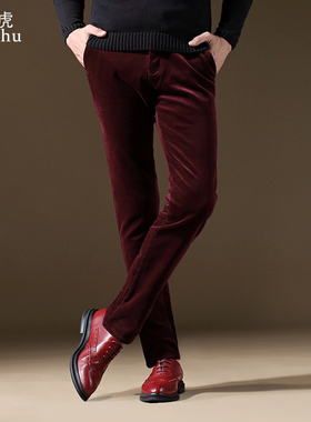 秋冬款灯芯绒男裤冬季男士休闲裤加绒加厚条绒裤修身小脚长裤子男